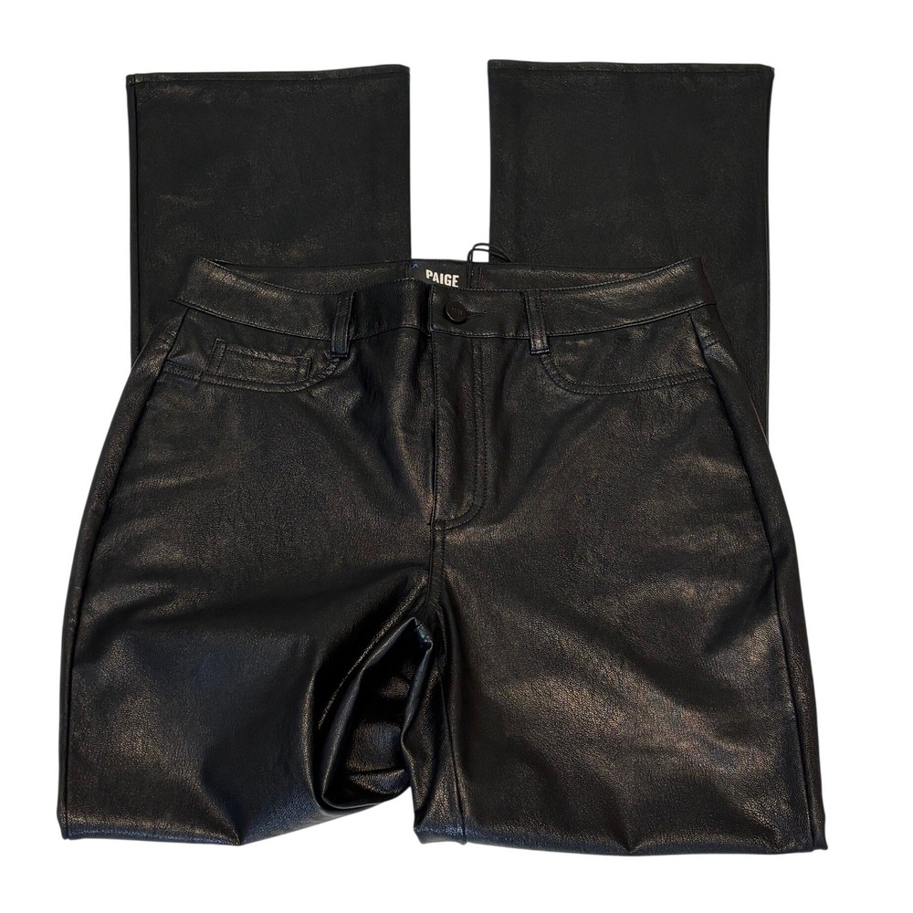 NEW Paige High Rise Faux Leather Manhattan Boot Cut Pants 29 Black Sleek Rocker - Picture 6 of 12